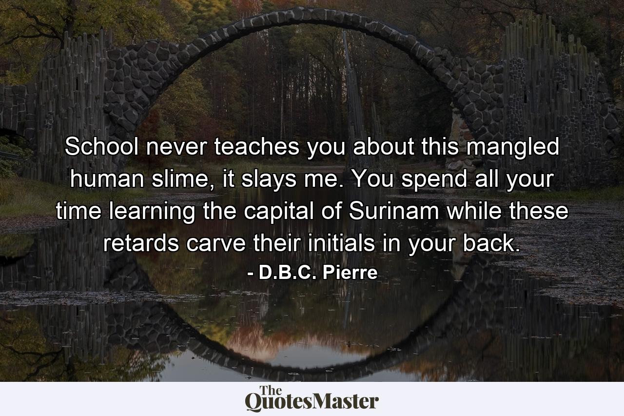 School never teaches you about this mangled human slime, it slays me. You spend all your time learning the capital of Surinam while these retards carve their initials in your back. - Quote by D.B.C. Pierre