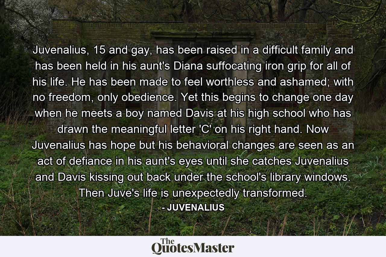 Juvenalius, 15 and gay, has been raised in a difficult family and has been held in his aunt's Diana suffocating iron grip for all of his life. He has been made to feel worthless and ashamed; with no freedom, only obedience. Yet this begins to change one day when he meets a boy named Davis at his high school who has drawn the meaningful letter 'C' on his right hand. Now Juvenalius has hope but his behavioral changes are seen as an act of defiance in his aunt's eyes until she catches Juvenalius and Davis kissing out back under the school's library windows. Then Juve's life is unexpectedly transformed. - Quote by JUVENALIUS