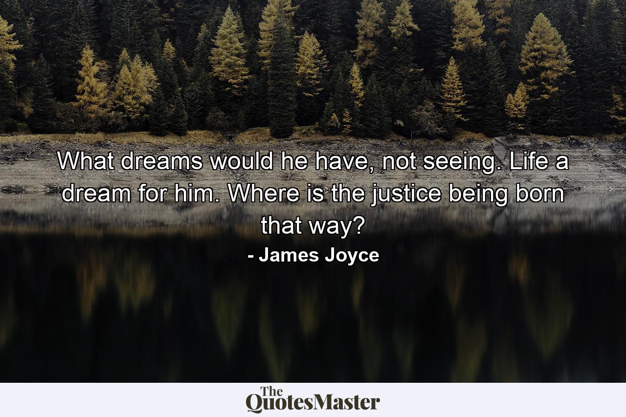 What dreams would he have, not seeing. Life a dream for him. Where is the justice being born that way? - Quote by James Joyce