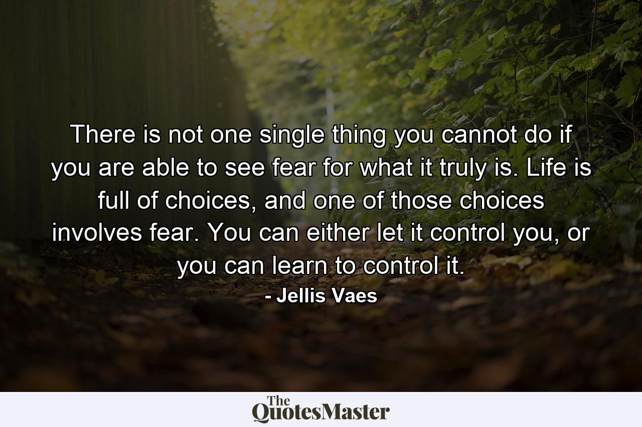 There is not one single thing you cannot do if you are able to see fear for what it truly is. Life is full of choices, and one of those choices involves fear. You can either let it control you, or you can learn to control it. - Quote by Jellis Vaes