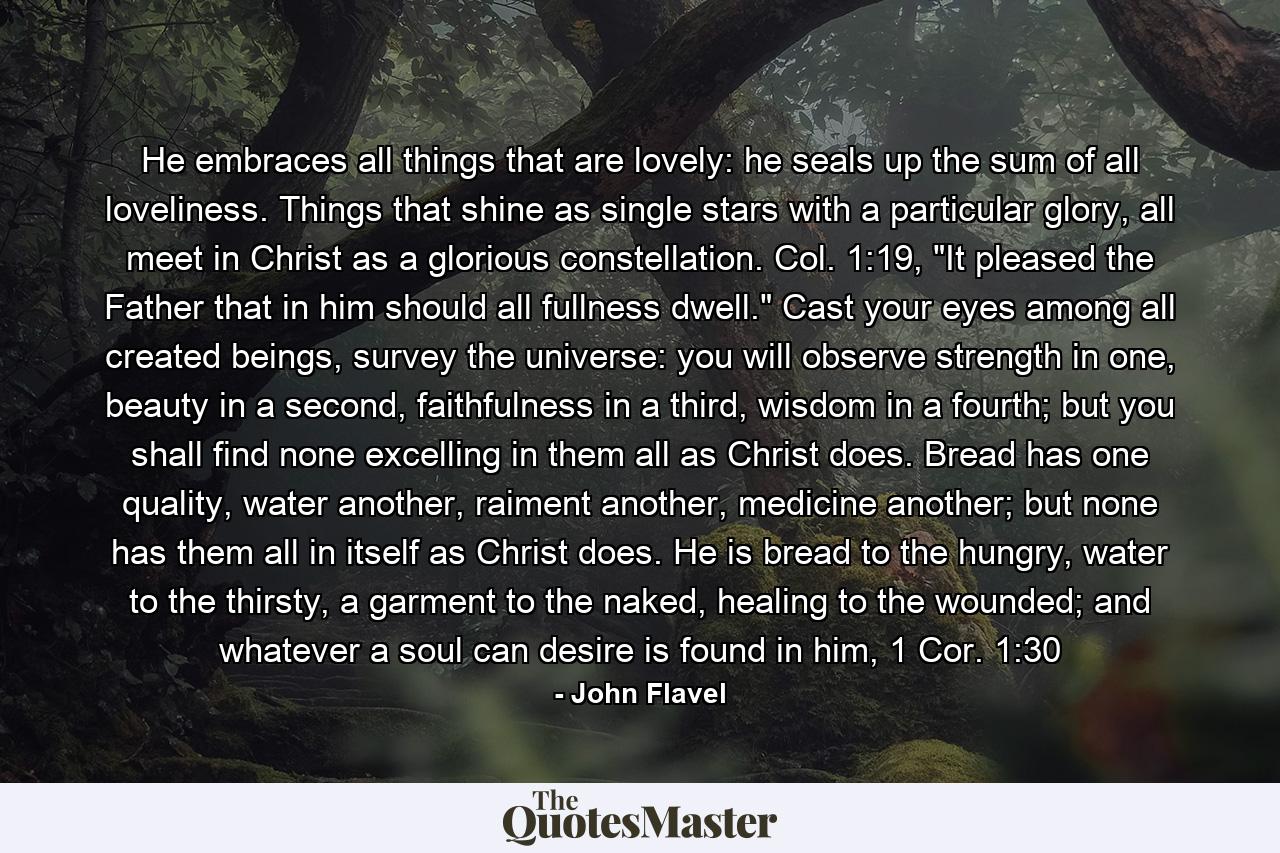 He embraces all things that are lovely: he seals up the sum of all loveliness. Things that shine as single stars with a particular glory, all meet in Christ as a glorious constellation. Col. 1:19, 