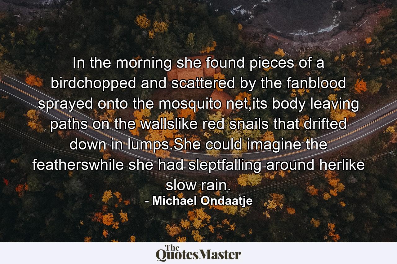 In the morning she found pieces of a birdchopped and scattered by the fanblood sprayed onto the mosquito net,its body leaving paths on the wallslike red snails that drifted down in lumps.She could imagine the featherswhile she had sleptfalling around herlike slow rain. - Quote by Michael Ondaatje