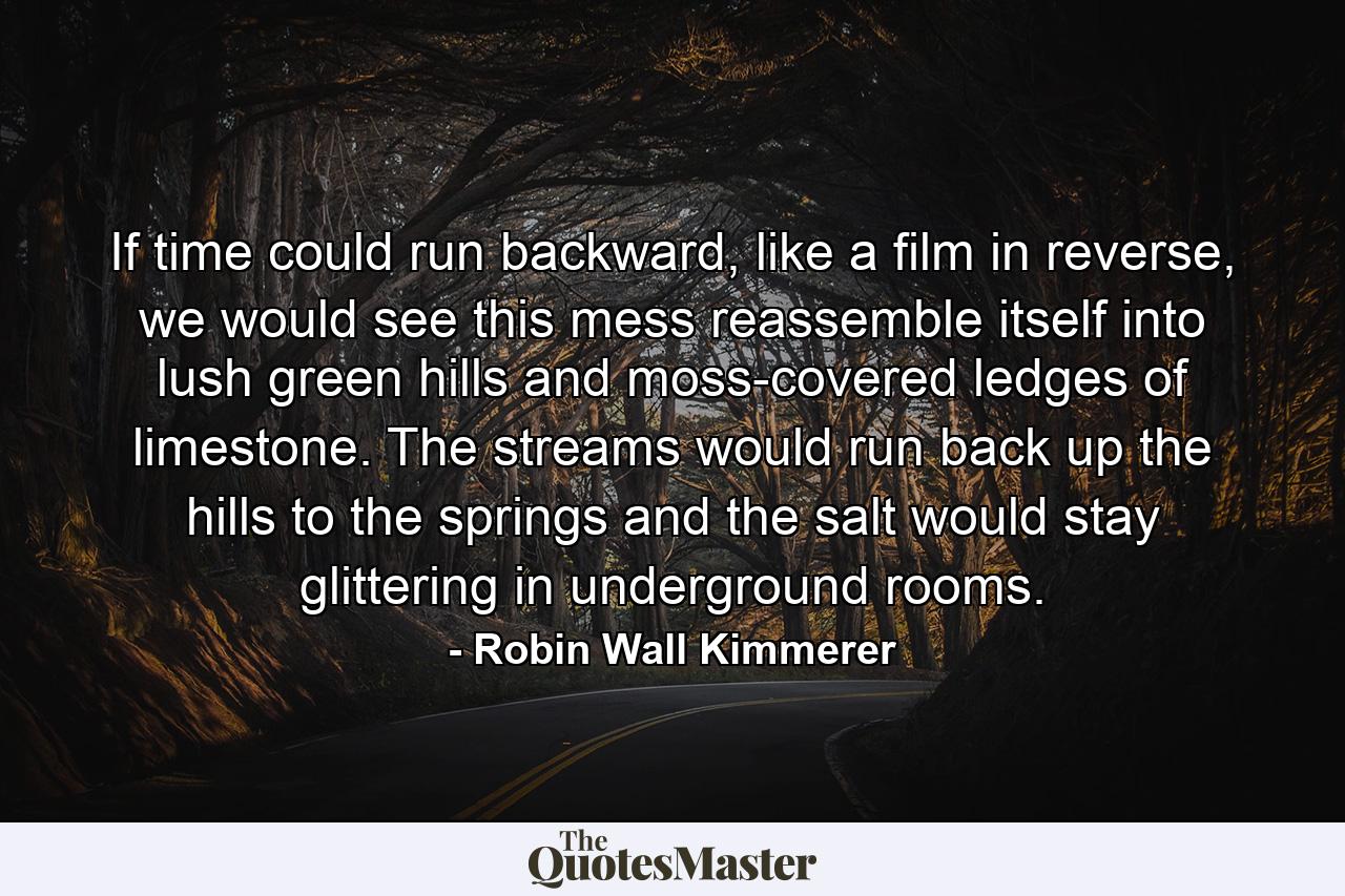 If time could run backward, like a film in reverse, we would see this mess reassemble itself into lush green hills and moss-covered ledges of limestone. The streams would run back up the hills to the springs and the salt would stay glittering in underground rooms. - Quote by Robin Wall Kimmerer