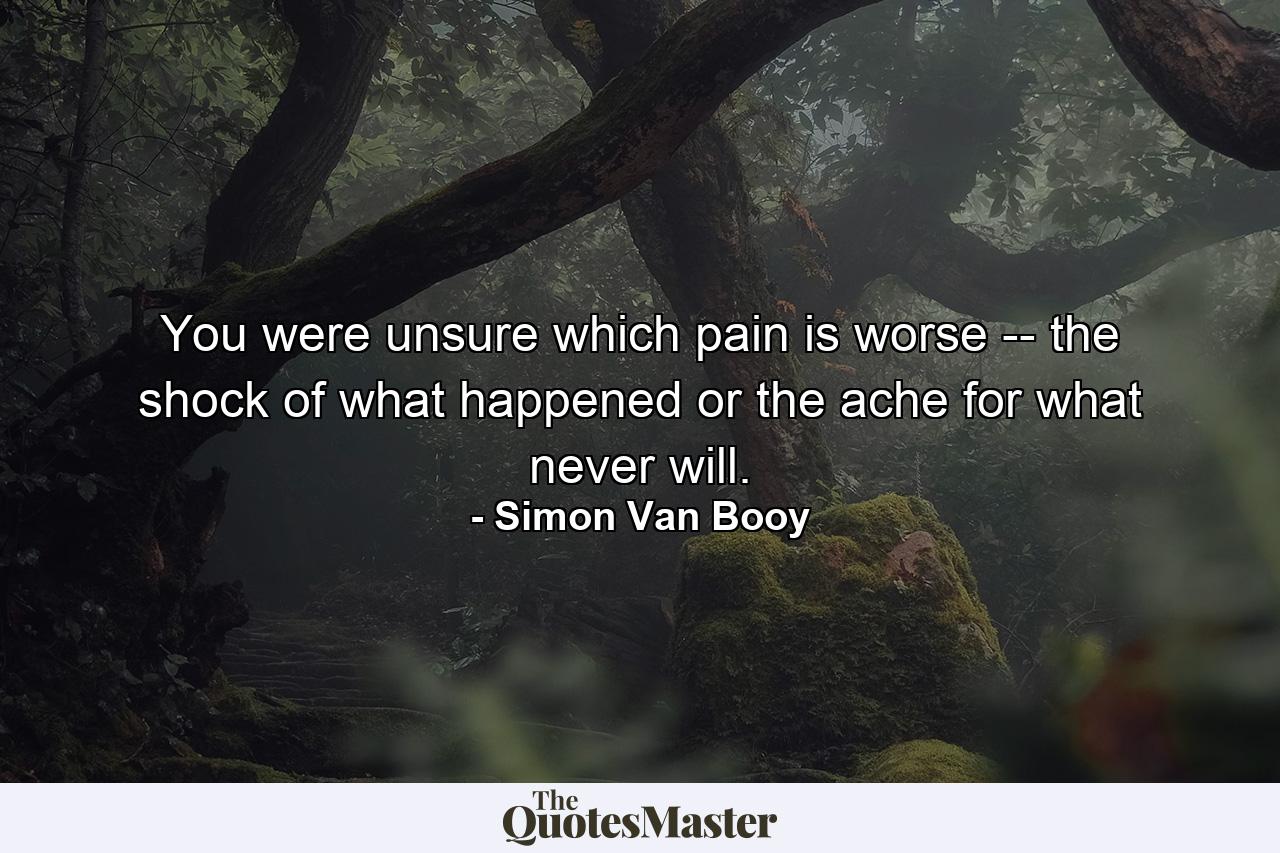 You were unsure which pain is worse -- the shock of what happened or the ache for what never will. - Quote by Simon Van Booy