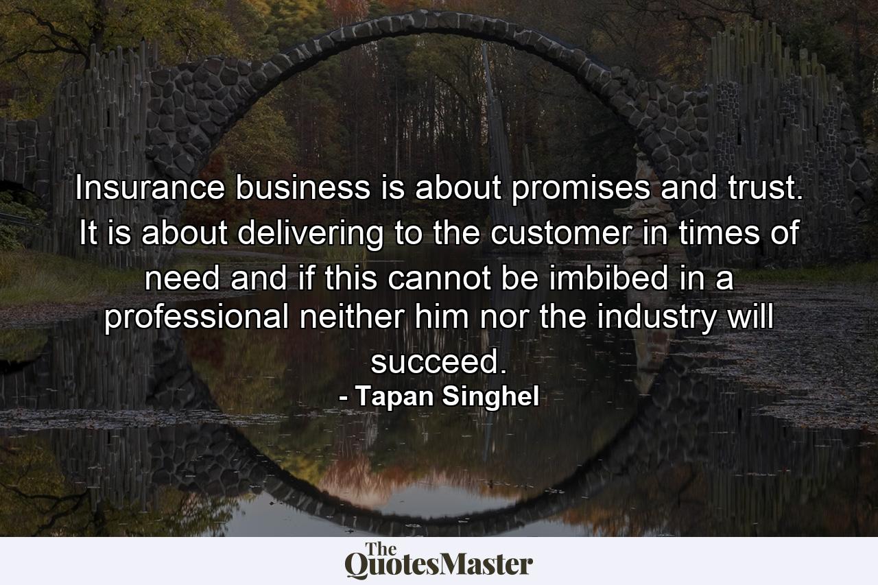 Insurance business is about promises and trust. It is about delivering to the customer in times of need and if this cannot be imbibed in a professional neither him nor the industry will succeed. - Quote by Tapan Singhel