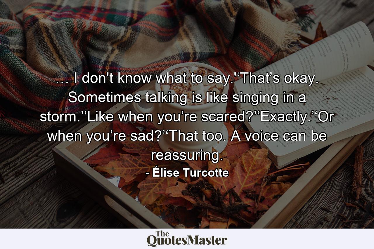 … I don't know what to say.'‘That’s okay. Sometimes talking is like singing in a storm.’‘Like when you’re scared?’‘Exactly.’‘Or when you’re sad?’‘That too. A voice can be reassuring. - Quote by Élise Turcotte