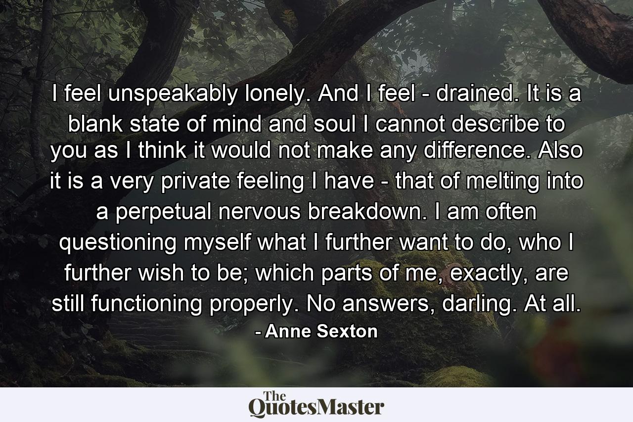 I feel unspeakably lonely. And I feel - drained. It is a blank state of mind and soul I cannot describe to you as I think it would not make any difference. Also it is a very private feeling I have - that of melting into a perpetual nervous breakdown. I am often questioning myself what I further want to do, who I further wish to be; which parts of me, exactly, are still functioning properly. No answers, darling. At all. - Quote by Anne Sexton