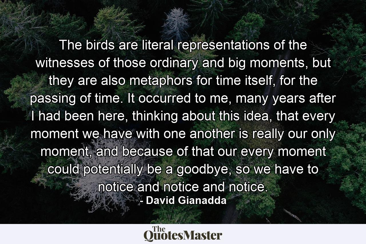 The birds are literal representations of the witnesses of those ordinary and big moments, but they are also metaphors for time itself, for the passing of time. It occurred to me, many years after I had been here, thinking about this idea, that every moment we have with one another is really our only moment, and because of that our every moment could potentially be a goodbye, so we have to notice and notice and notice. - Quote by David Gianadda