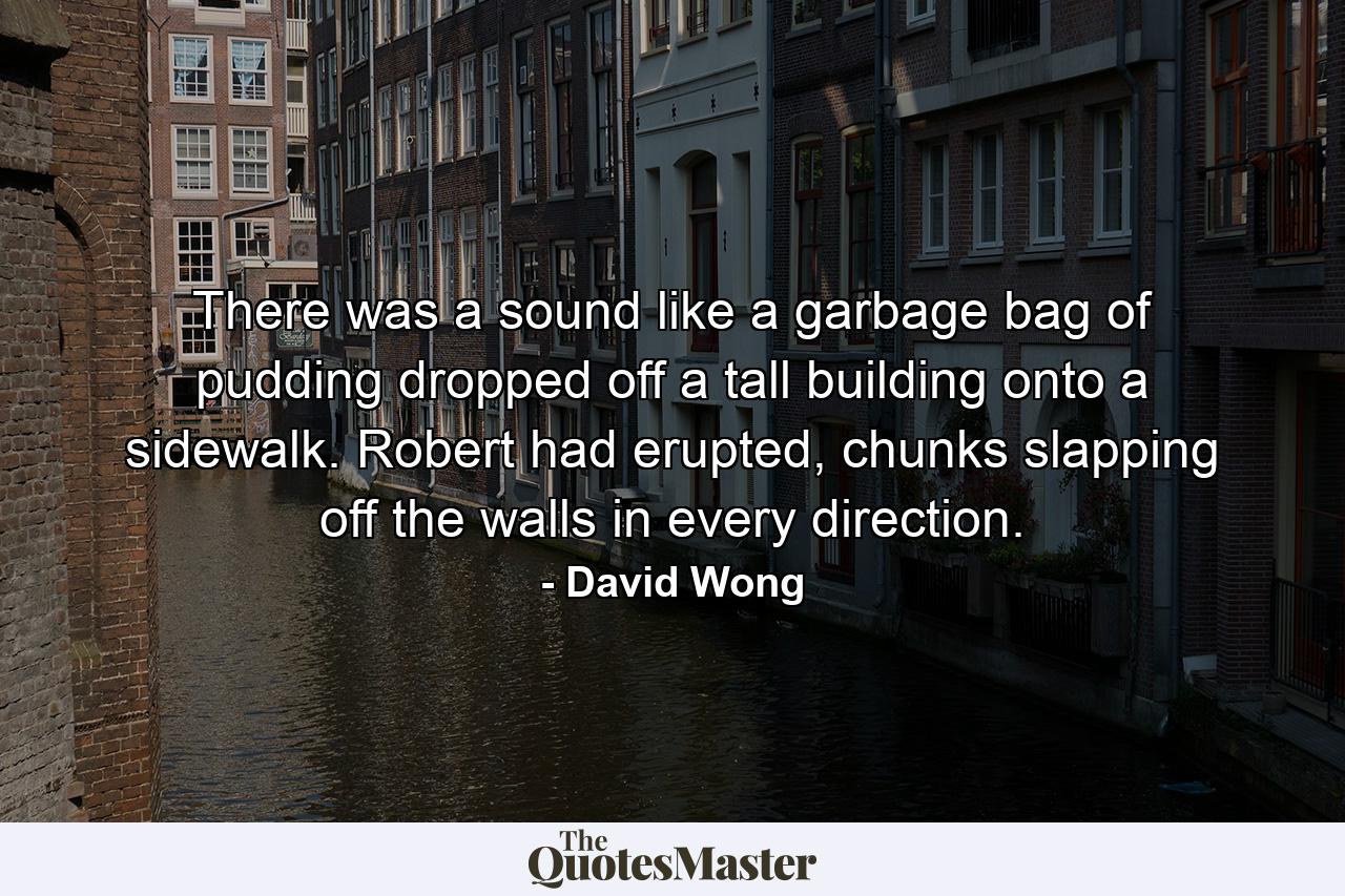 There was a sound like a garbage bag of pudding dropped off a tall building onto a sidewalk. Robert had erupted, chunks slapping off the walls in every direction. - Quote by David Wong