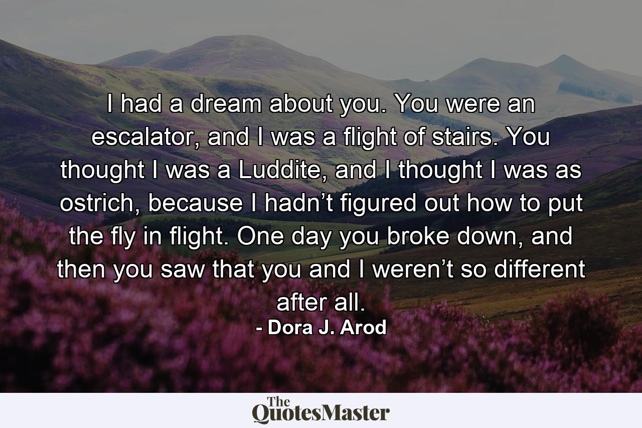 I had a dream about you. You were an escalator, and I was a flight of stairs. You thought I was a Luddite, and I thought I was as ostrich, because I hadn’t figured out how to put the fly in flight. One day you broke down, and then you saw that you and I weren’t so different after all. - Quote by Dora J. Arod