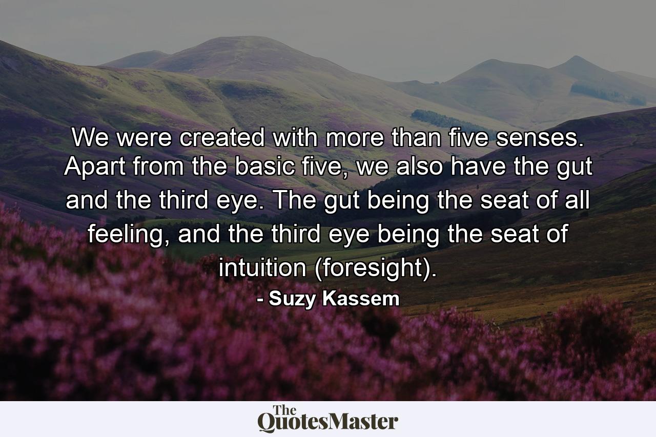 We were created with more than five senses. Apart from the basic five, we also have the gut and the third eye. The gut being the seat of all feeling, and the third eye being the seat of intuition (foresight). - Quote by Suzy Kassem