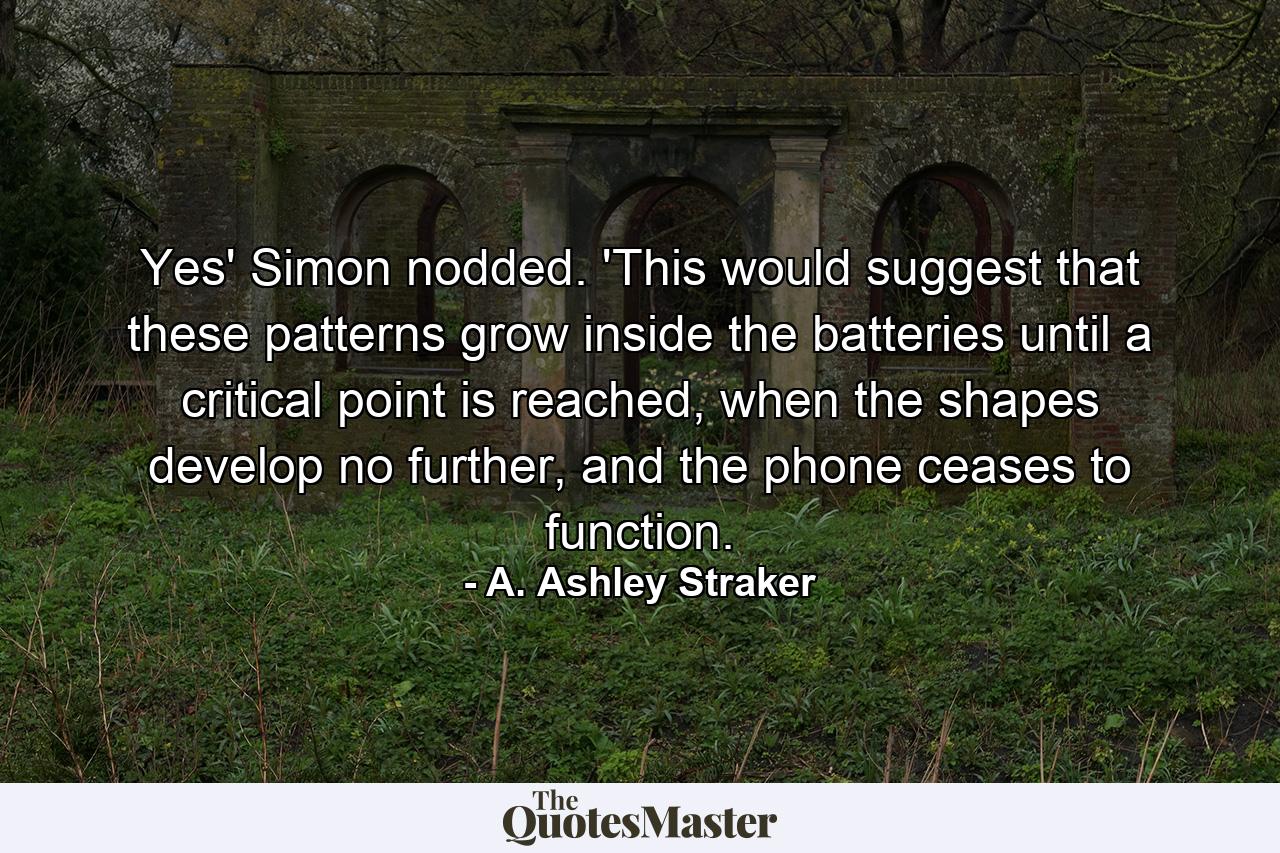 Yes' Simon nodded. 'This would suggest that these patterns grow inside the batteries until a critical point is reached, when the shapes develop no further, and the phone ceases to function. - Quote by A. Ashley Straker