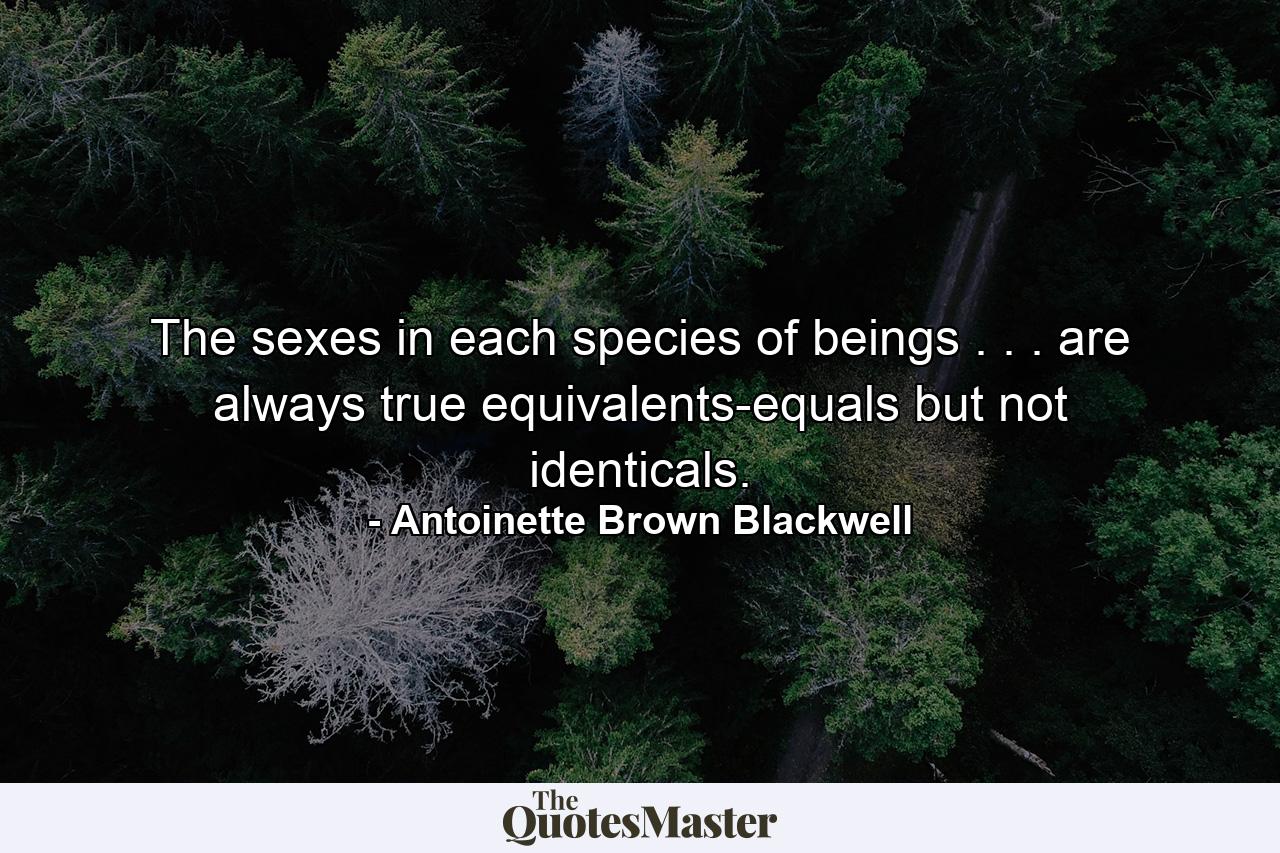 The sexes in each species of beings . . . are always true equivalents-equals but not identicals. - Quote by Antoinette Brown Blackwell