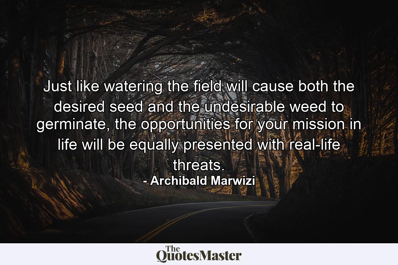 Just like watering the field will cause both the desired seed and the undesirable weed to germinate, the opportunities for your mission in life will be equally presented with real-life threats. - Quote by Archibald Marwizi