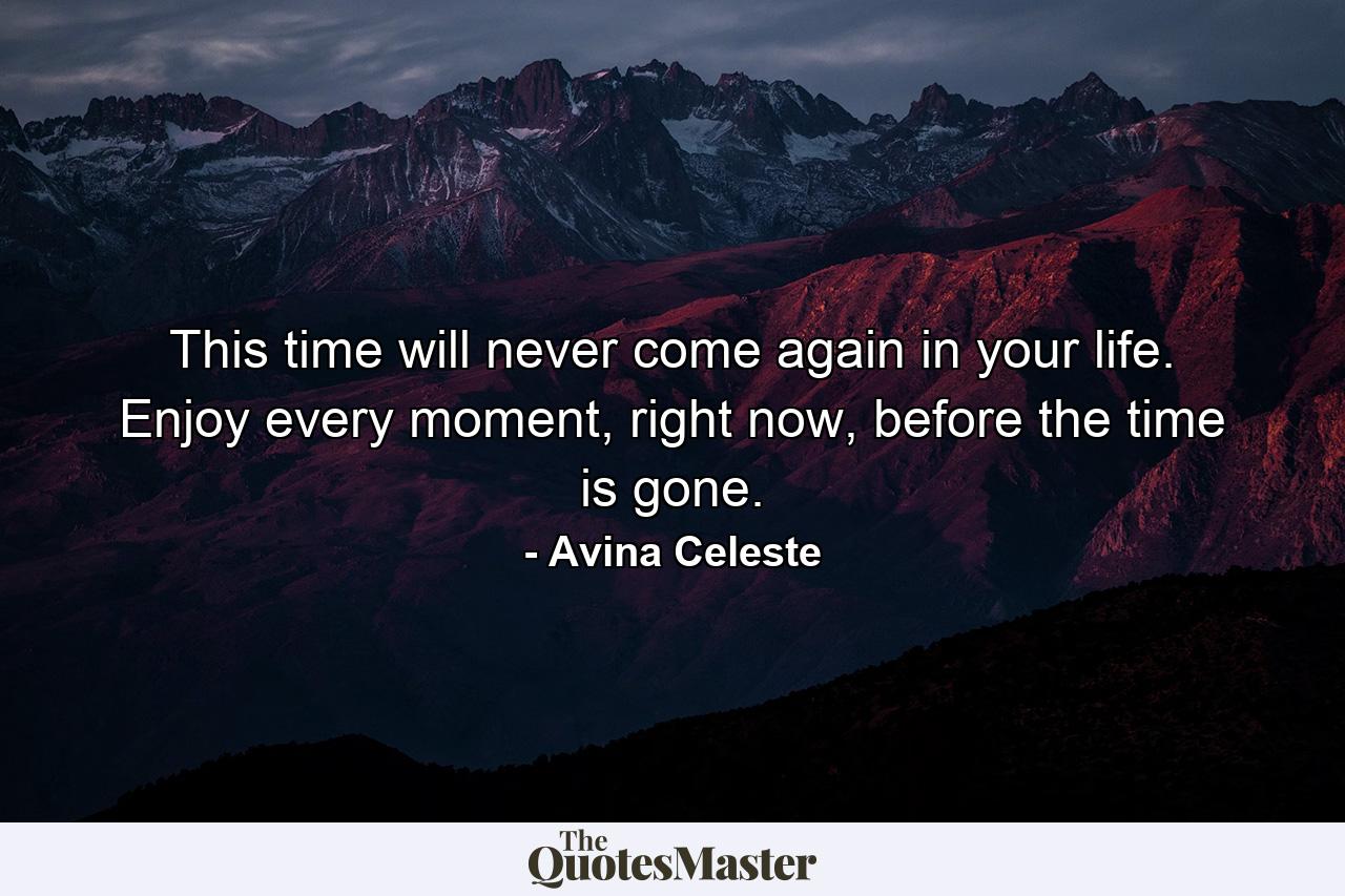 This time will never come again in your life. Enjoy every moment, right now, before the time is gone. - Quote by Avina Celeste