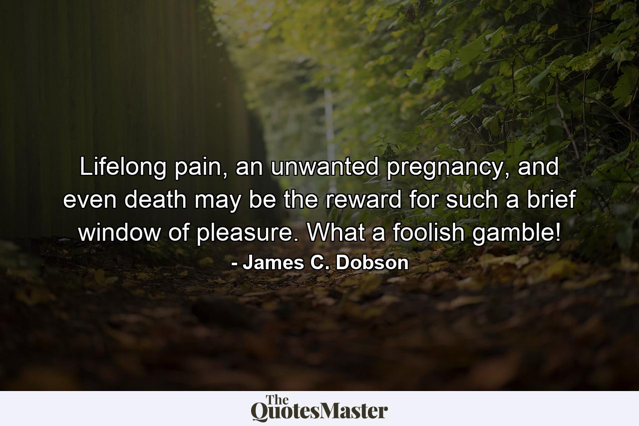 Lifelong pain, an unwanted pregnancy, and even death may be the reward for such a brief window of pleasure. What a foolish gamble! - Quote by James C. Dobson