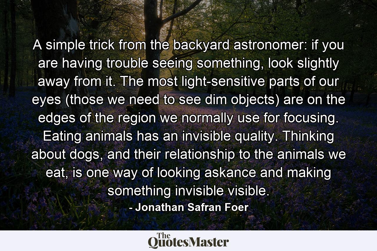 A simple trick from the backyard astronomer: if you are having trouble seeing something, look slightly away from it. The most light-sensitive parts of our eyes (those we need to see dim objects) are on the edges of the region we normally use for focusing. Eating animals has an invisible quality. Thinking about dogs, and their relationship to the animals we eat, is one way of looking askance and making something invisible visible. - Quote by Jonathan Safran Foer