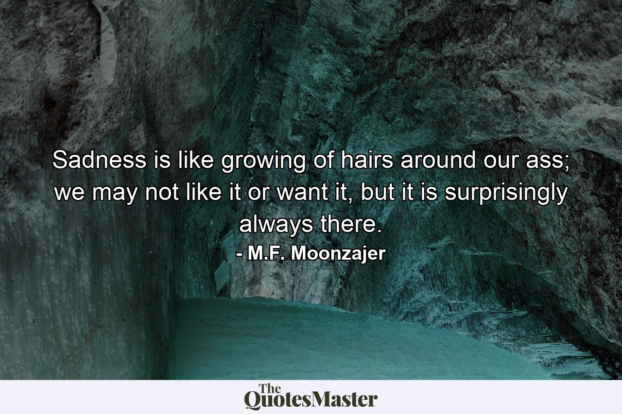 Sadness is like growing of hairs around our ass; we may not like it or want it, but it is surprisingly always there. - Quote by M.F. Moonzajer