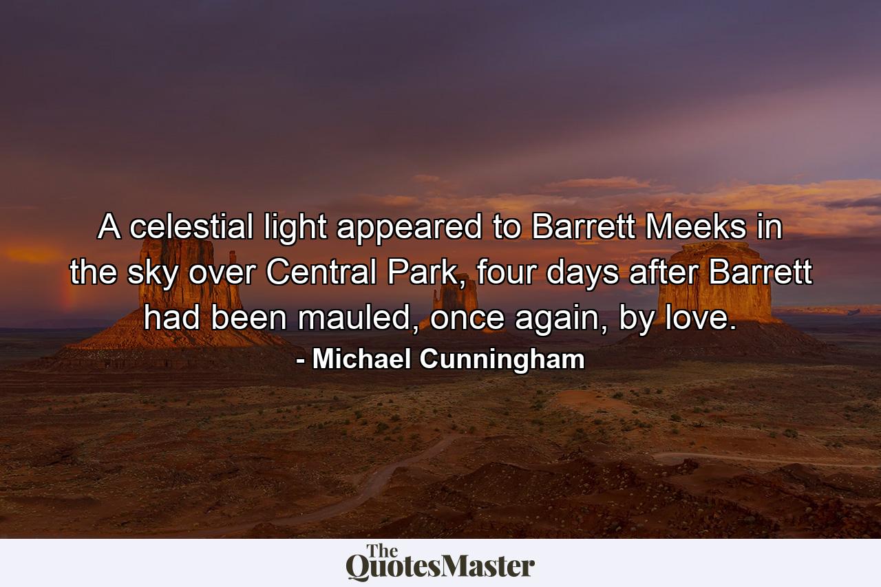 A celestial light appeared to Barrett Meeks in the sky over Central Park, four days after Barrett had been mauled, once again, by love. - Quote by Michael Cunningham