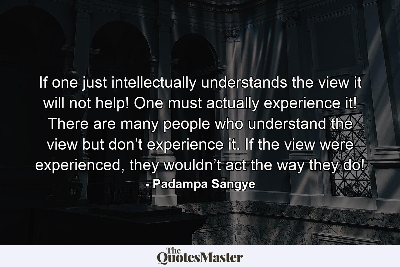 If one just intellectually understands the view it will not help! One must actually experience it! There are many people who understand the view but don’t experience it. If the view were experienced, they wouldn’t act the way they do! - Quote by Padampa Sangye