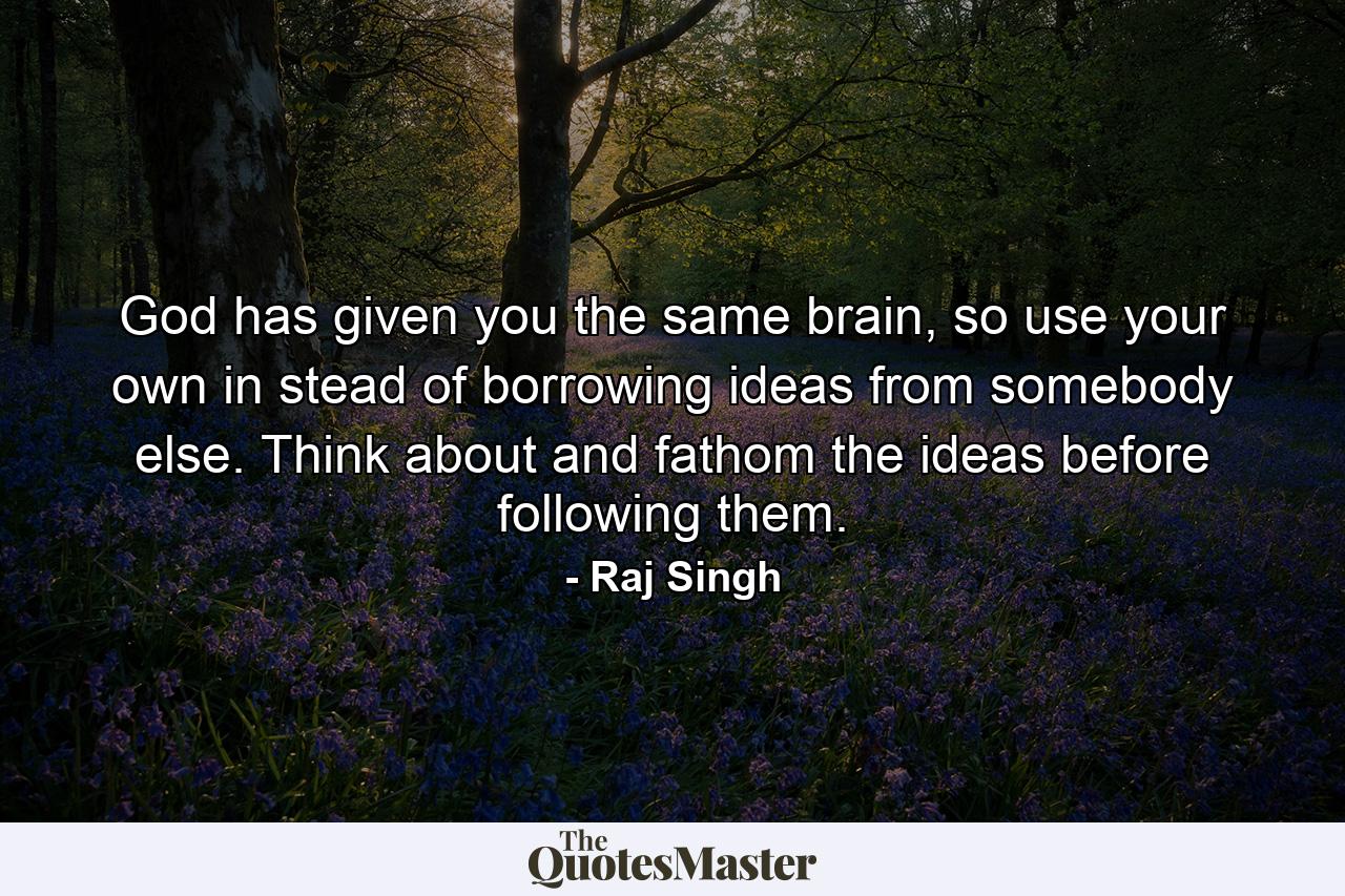 God has given you the same brain, so use your own in stead of borrowing ideas from somebody else. Think about and fathom the ideas before following them. - Quote by Raj Singh