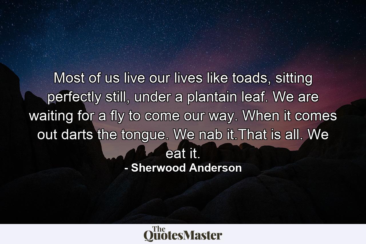 Most of us live our lives like toads, sitting perfectly still, under a plantain leaf. We are waiting for a fly to come our way. When it comes out darts the tongue. We nab it.That is all. We eat it. - Quote by Sherwood Anderson