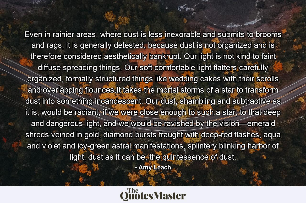 Even in rainier areas, where dust is less inexorable and submits to brooms and rags, it is generally detested, because dust is not organized and is therefore considered aesthetically bankrupt. Our light is not kind to faint diffuse spreading things. Our soft comfortable light flatters carefully organized, formally structured things like wedding cakes with their scrolls and overlapping flounces.It takes the mortal storms of a star to transform dust into something incandescent. Our dust, shambling and subtractive as it is, would be radiant, if we were close enough to such a star, to that deep and dangerous light, and we would be ravished by the vision—emerald shreds veined in gold, diamond bursts fraught with deep-red flashes, aqua and violet and icy-green astral manifestations, splintery blinking harbor of light, dust as it can be, the quintessence of dust. - Quote by Amy Leach