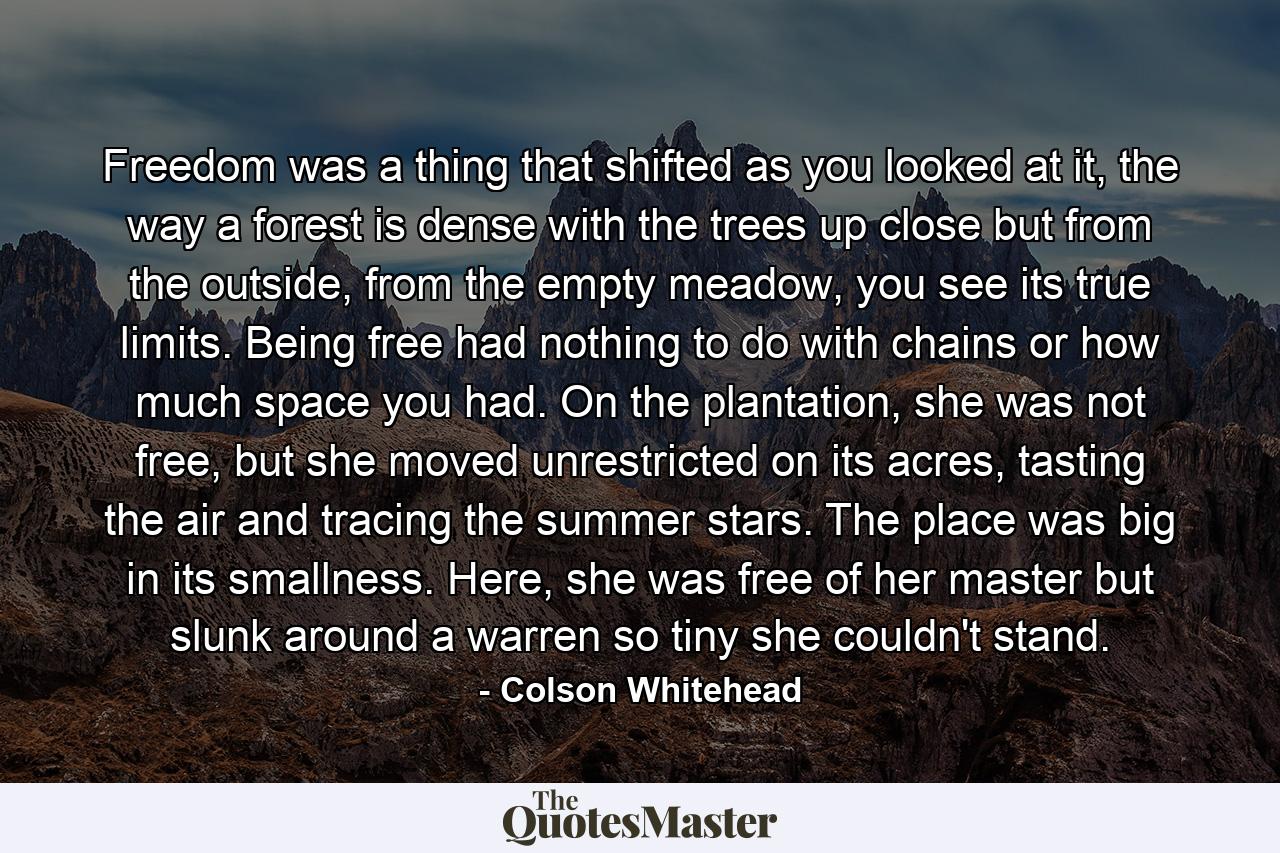 Freedom was a thing that shifted as you looked at it, the way a forest is dense with the trees up close but from the outside, from the empty meadow, you see its true limits. Being free had nothing to do with chains or how much space you had. On the plantation, she was not free, but she moved unrestricted on its acres, tasting the air and tracing the summer stars. The place was big in its smallness. Here, she was free of her master but slunk around a warren so tiny she couldn't stand. - Quote by Colson Whitehead