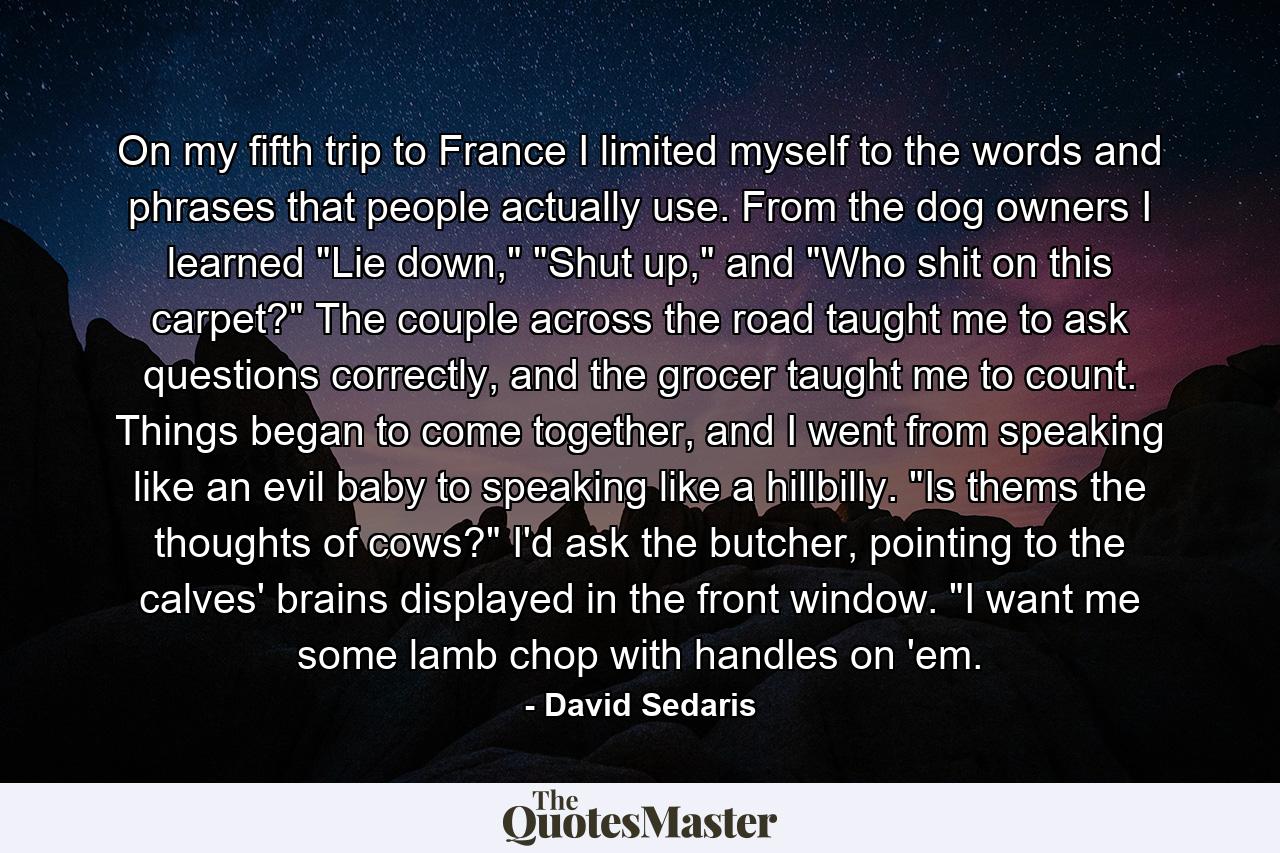 On my fifth trip to France I limited myself to the words and phrases that people actually use. From the dog owners I learned 