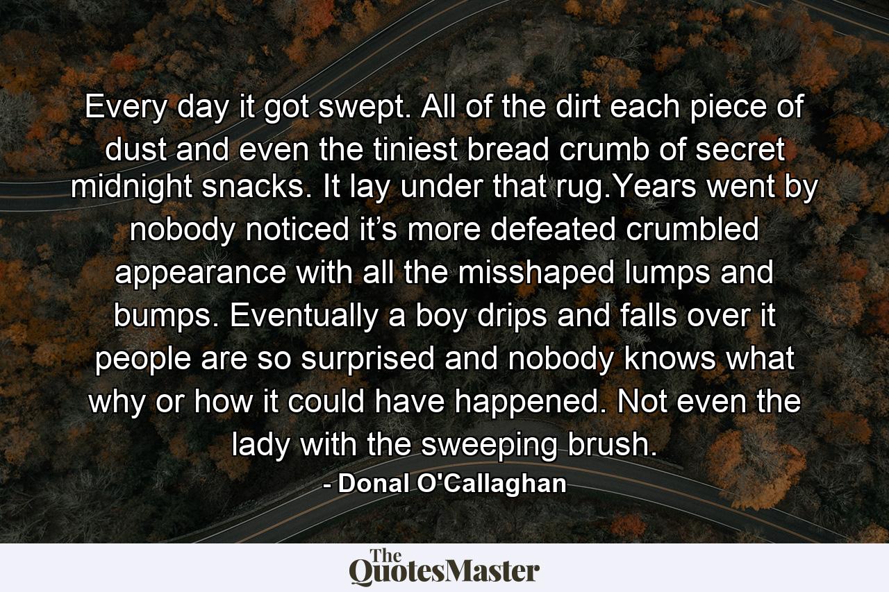 Every day it got swept. All of the dirt each piece of dust and even the tiniest bread crumb of secret midnight snacks. It lay under that rug.Years went by nobody noticed it’s more defeated crumbled appearance with all the misshaped lumps and bumps. Eventually a boy drips and falls over it people are so surprised and nobody knows what why or how it could have happened. Not even the lady with the sweeping brush. - Quote by Donal O'Callaghan