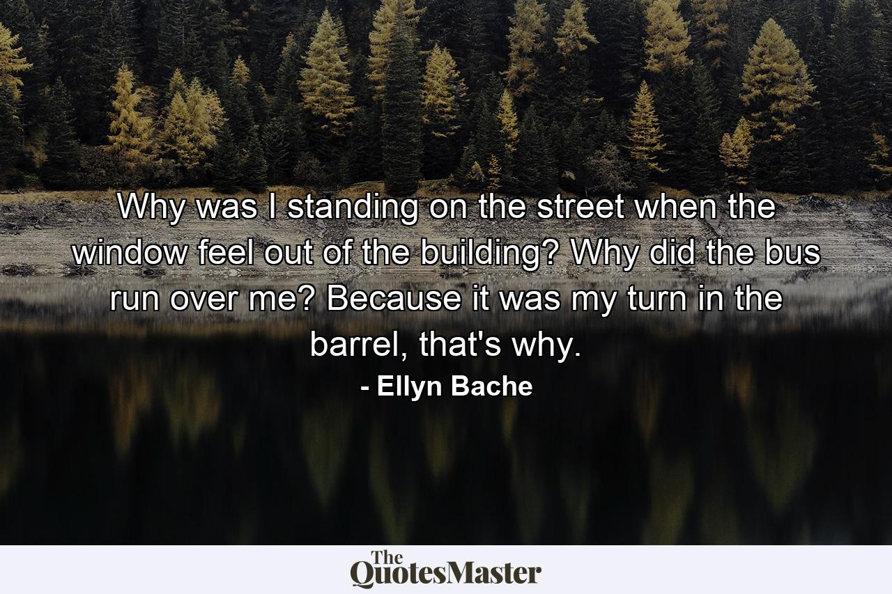 Why was I standing on the street when the window feel out of the building? Why did the bus run over me? Because it was my turn in the barrel, that's why. - Quote by Ellyn Bache