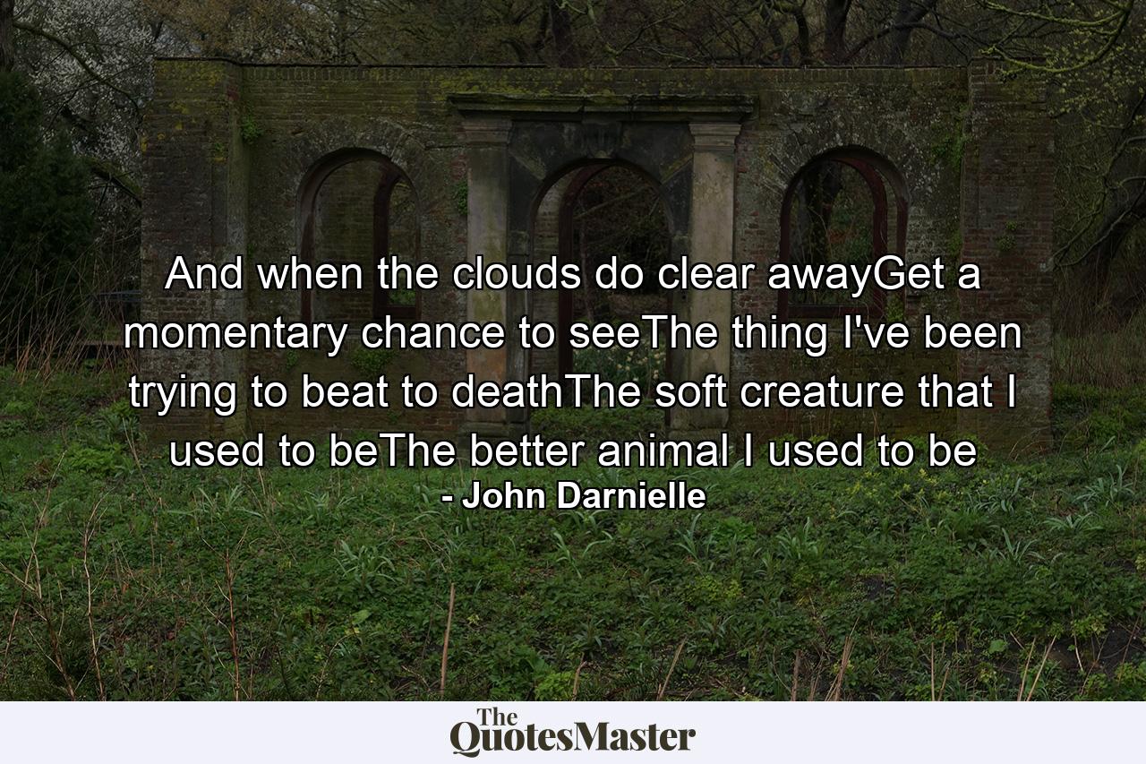 And when the clouds do clear awayGet a momentary chance to seeThe thing I've been trying to beat to deathThe soft creature that I used to beThe better animal I used to be - Quote by John Darnielle