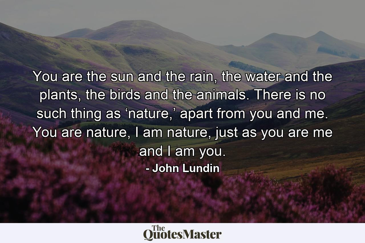 You are the sun and the rain, the water and the plants, the birds and the animals. There is no such thing as ‘nature,’ apart from you and me. You are nature, I am nature, just as you are me and I am you. - Quote by John Lundin