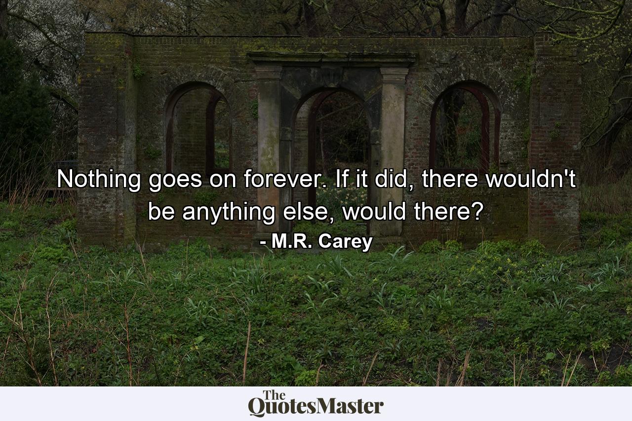 Nothing goes on forever. If it did, there wouldn't be anything else, would there? - Quote by M.R. Carey