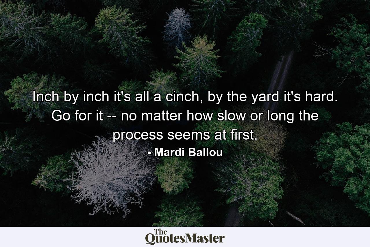 Inch by inch it's all a cinch, by the yard it's hard. Go for it -- no matter how slow or long the process seems at first. - Quote by Mardi Ballou