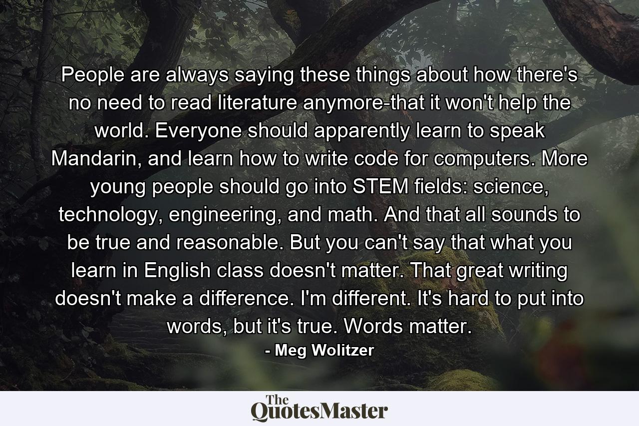 People are always saying these things about how there's no need to read literature anymore-that it won't help the world. Everyone should apparently learn to speak Mandarin, and learn how to write code for computers. More young people should go into STEM fields: science, technology, engineering, and math. And that all sounds to be true and reasonable. But you can't say that what you learn in English class doesn't matter. That great writing doesn't make a difference. I'm different. It's hard to put into words, but it's true. Words matter. - Quote by Meg Wolitzer