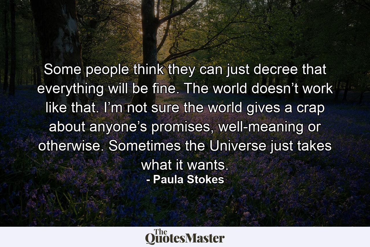 Some people think they can just decree that everything will be fine. The world doesn’t work like that. I’m not sure the world gives a crap about anyone’s promises, well-meaning or otherwise. Sometimes the Universe just takes what it wants. - Quote by Paula Stokes