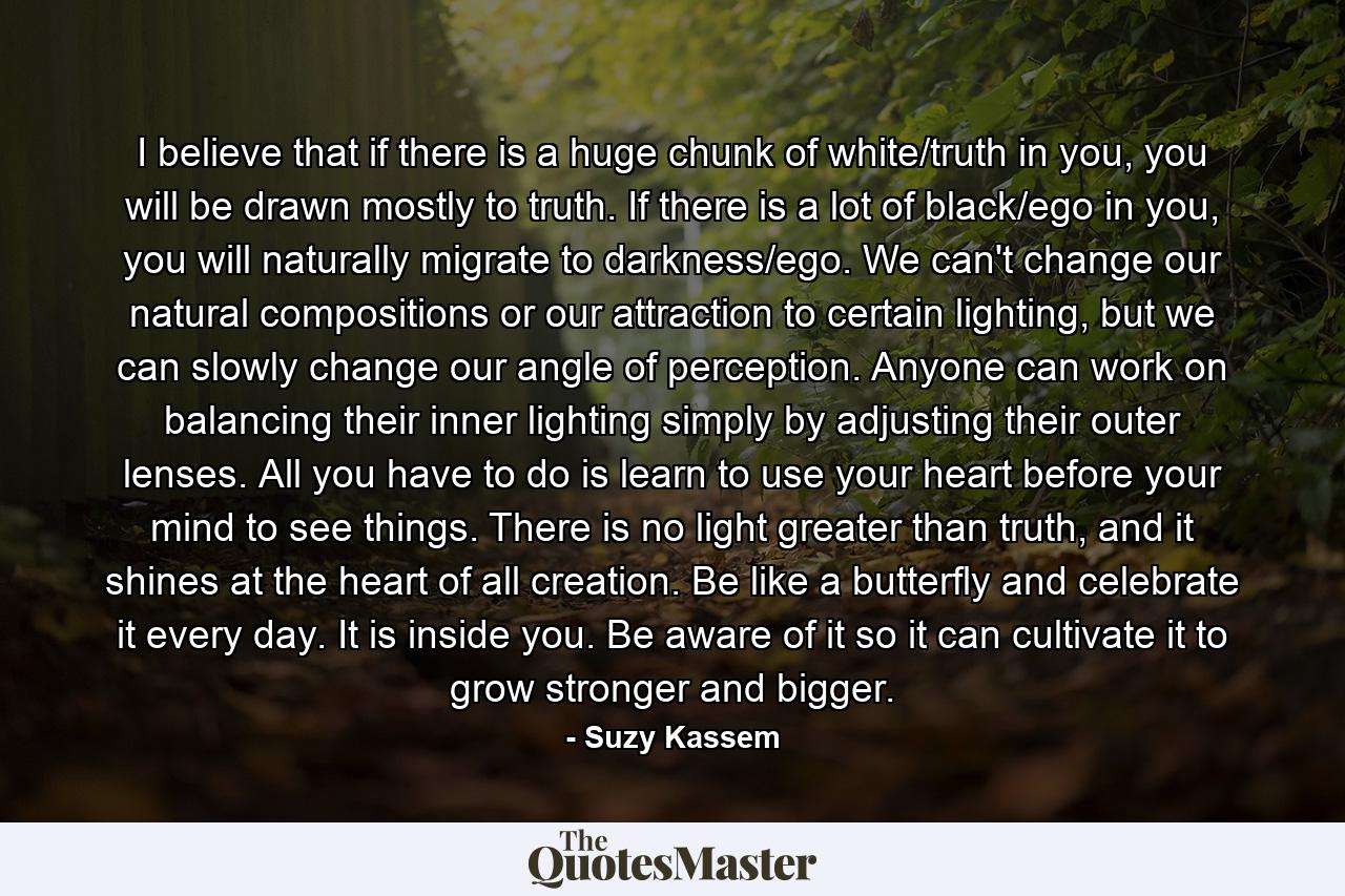 I believe that if there is a huge chunk of white/truth in you, you will be drawn mostly to truth. If there is a lot of black/ego in you, you will naturally migrate to darkness/ego. We can't change our natural compositions or our attraction to certain lighting, but we can slowly change our angle of perception. Anyone can work on balancing their inner lighting simply by adjusting their outer lenses. All you have to do is learn to use your heart before your mind to see things. There is no light greater than truth, and it shines at the heart of all creation. Be like a butterfly and celebrate it every day. It is inside you. Be aware of it so it can cultivate it to grow stronger and bigger. - Quote by Suzy Kassem