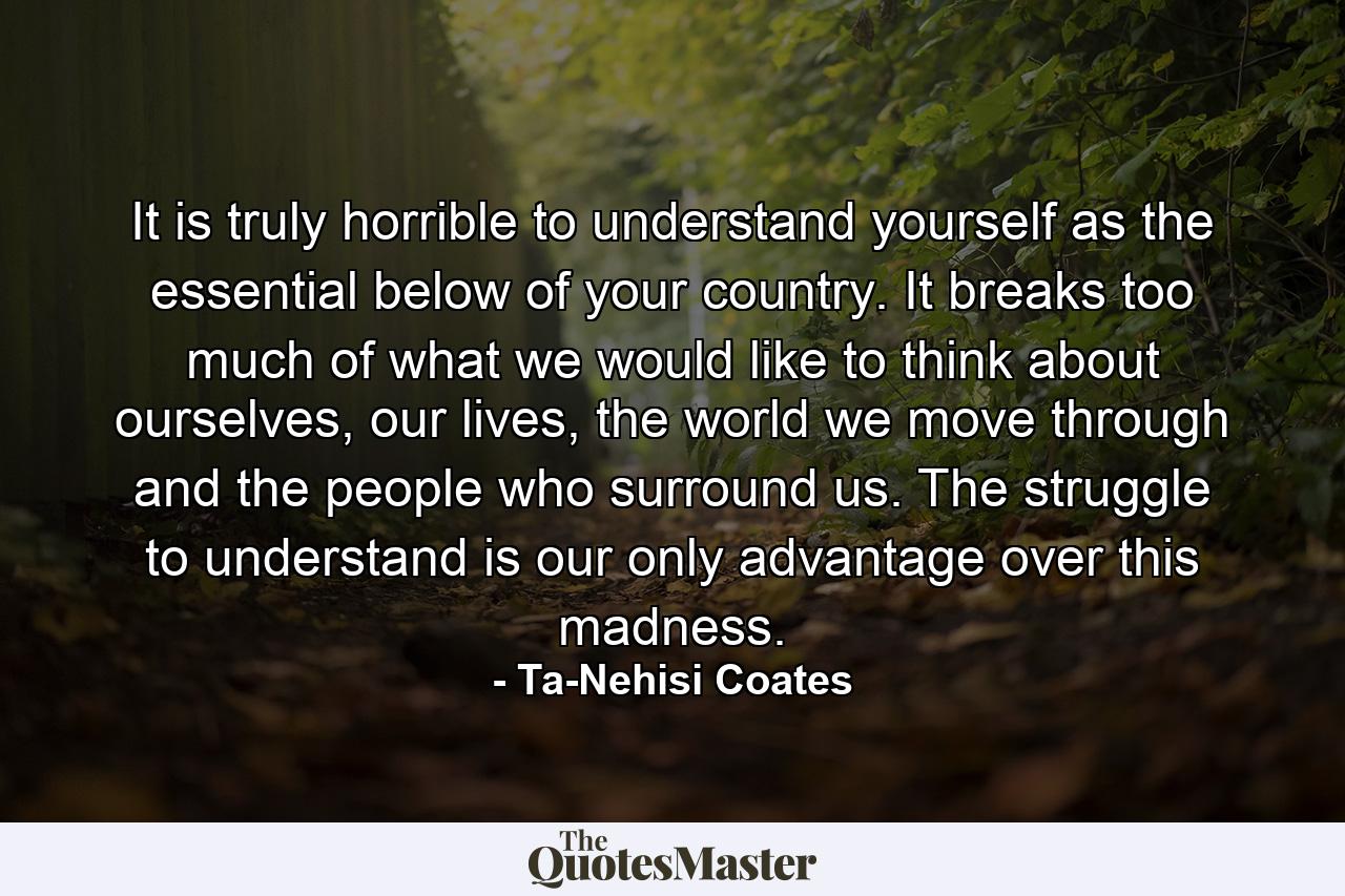 It is truly horrible to understand yourself as the essential below of your country. It breaks too much of what we would like to think about ourselves, our lives, the world we move through and the people who surround us. The struggle to understand is our only advantage over this madness. - Quote by Ta-Nehisi Coates