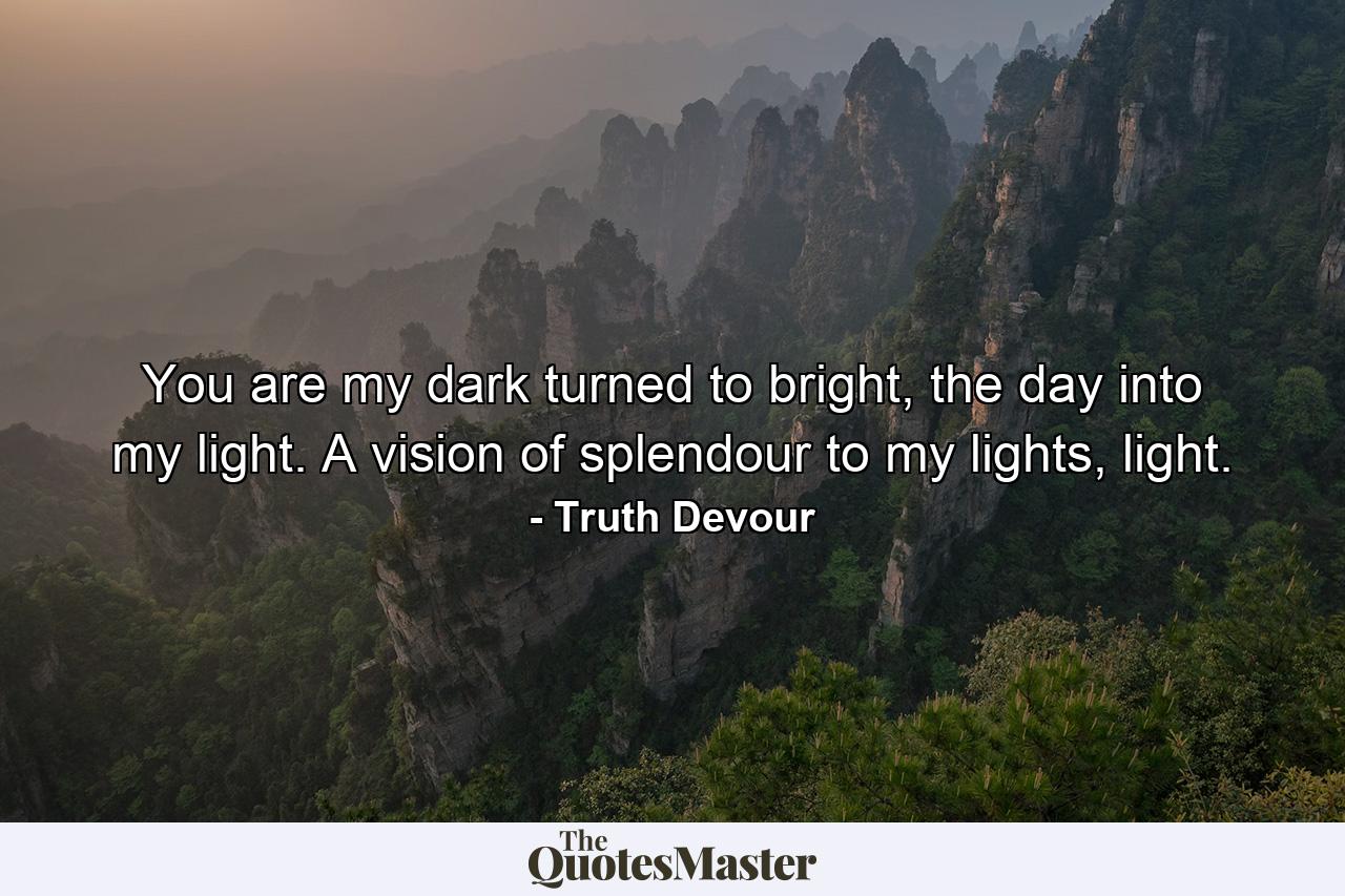 You are my dark turned to bright, the day into my light. A vision of splendour to my lights, light. - Quote by Truth Devour