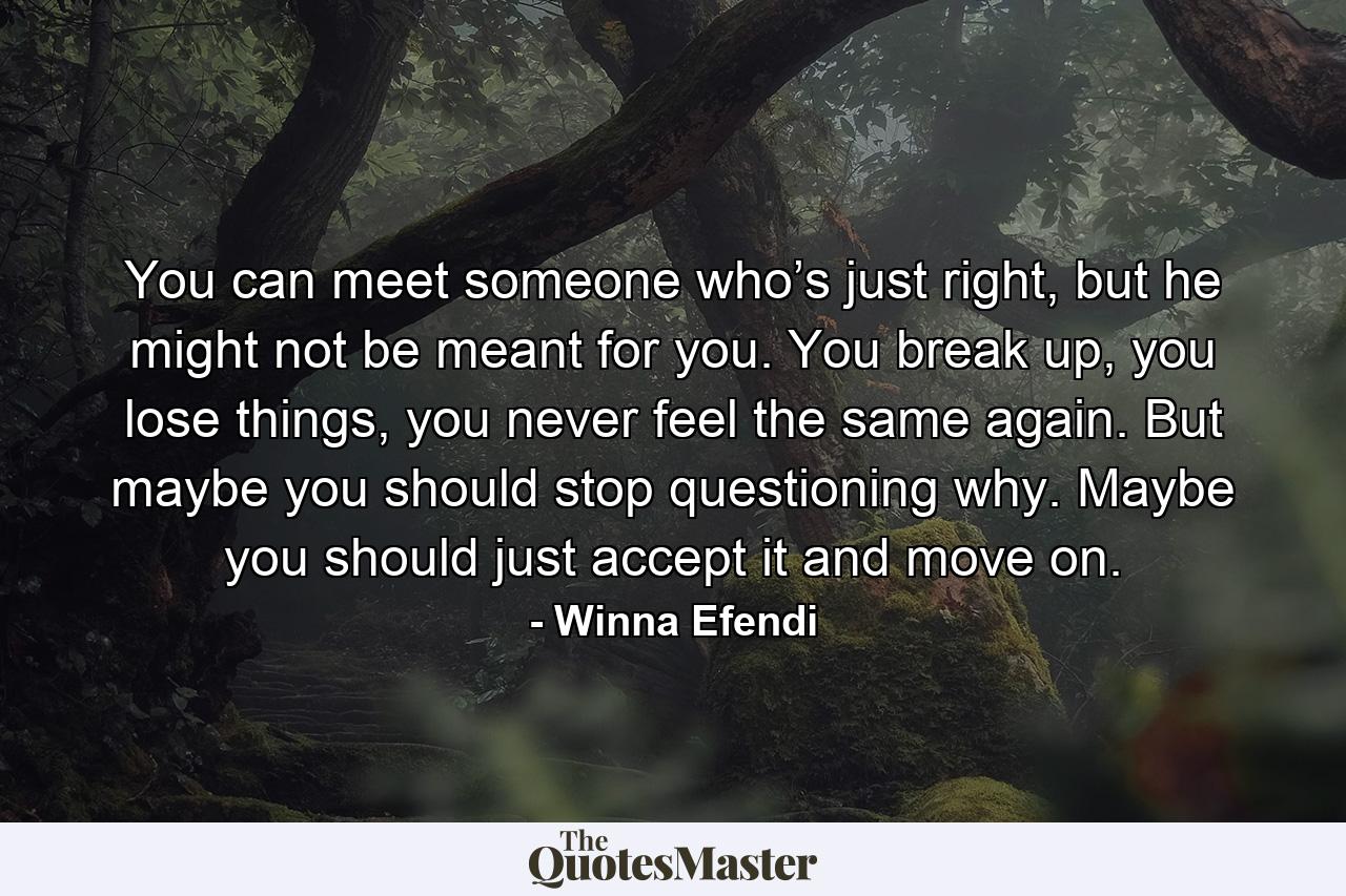 You can meet someone who’s just right, but he might not be meant for you. You break up, you lose things, you never feel the same again. But maybe you should stop questioning why. Maybe you should just accept it and move on. - Quote by Winna Efendi