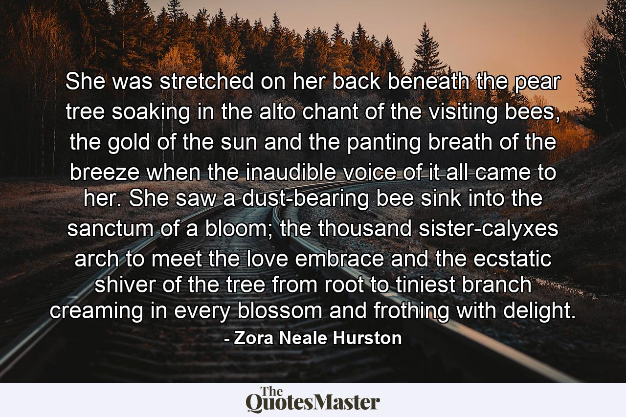 She was stretched on her back beneath the pear tree soaking in the alto chant of the visiting bees, the gold of the sun and the panting breath of the breeze when the inaudible voice of it all came to her. She saw a dust-bearing bee sink into the sanctum of a bloom; the thousand sister-calyxes arch to meet the love embrace and the ecstatic shiver of the tree from root to tiniest branch creaming in every blossom and frothing with delight. - Quote by Zora Neale Hurston