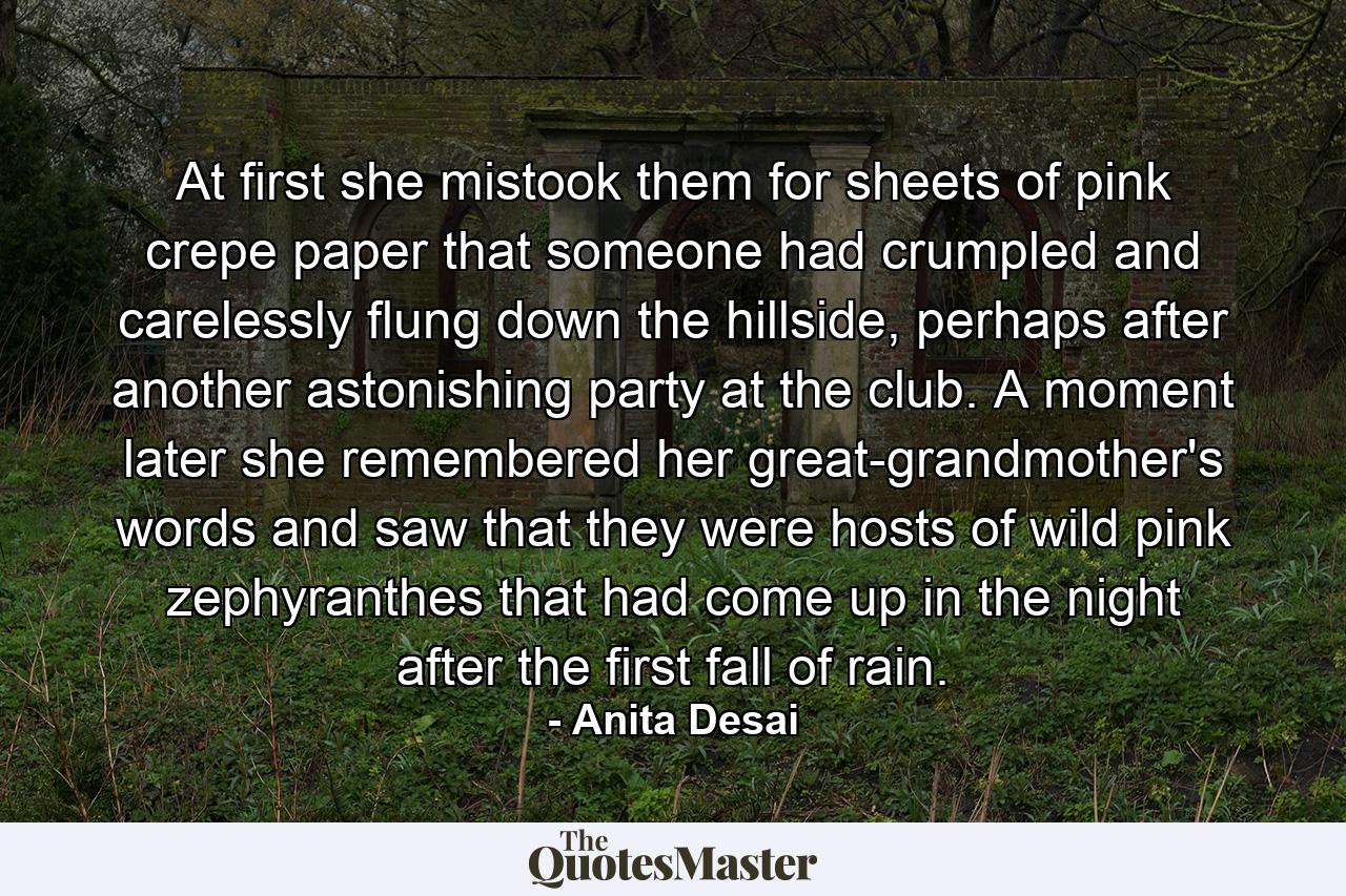 At first she mistook them for sheets of pink crepe paper that someone had crumpled and carelessly flung down the hillside, perhaps after another astonishing party at the club. A moment later she remembered her great-grandmother's words and saw that they were hosts of wild pink zephyranthes that had come up in the night after the first fall of rain. - Quote by Anita Desai