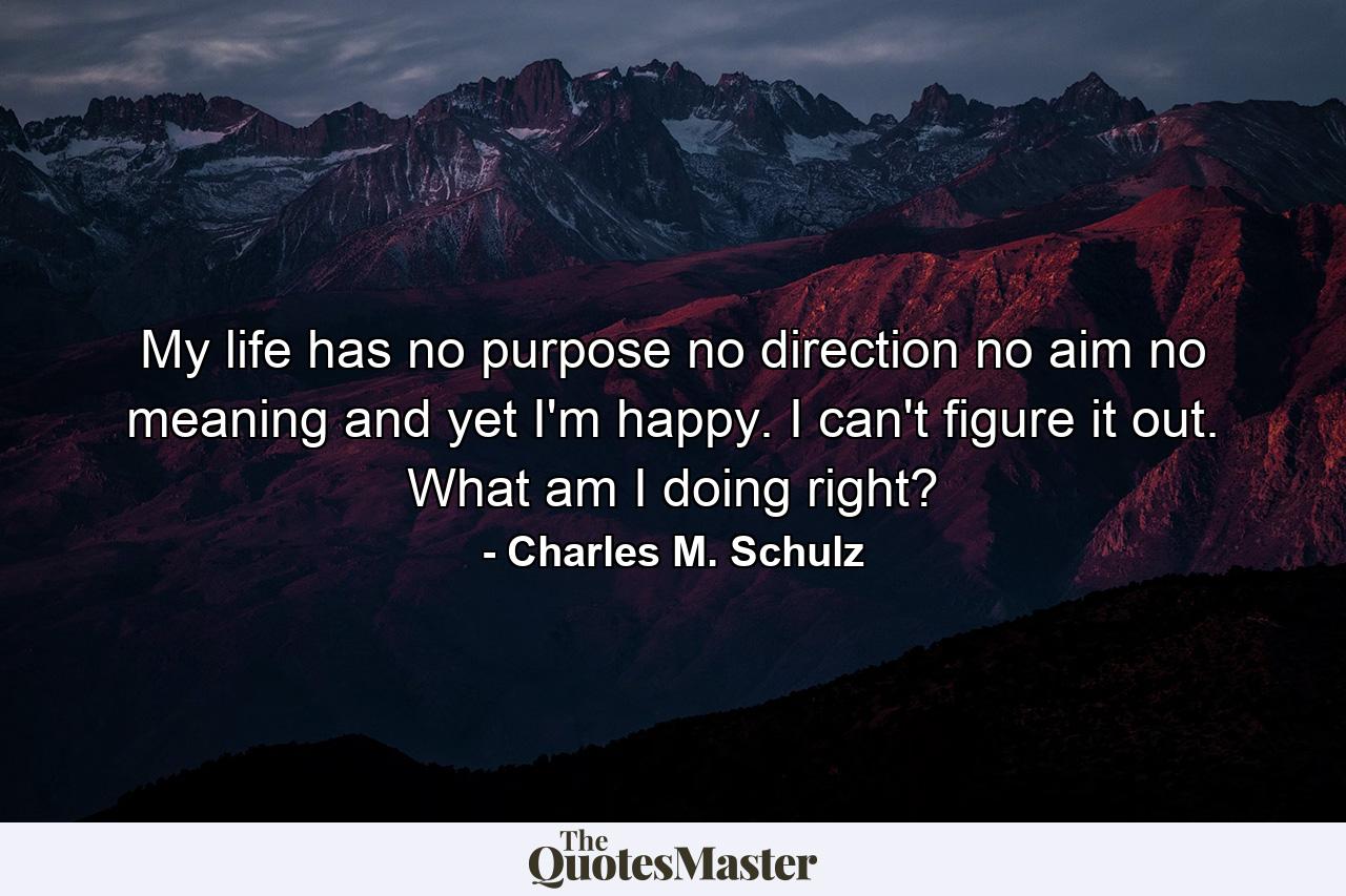 My life has no purpose  no direction  no aim  no meaning  and yet I'm happy. I can't figure it out. What am I doing right? - Quote by Charles M. Schulz