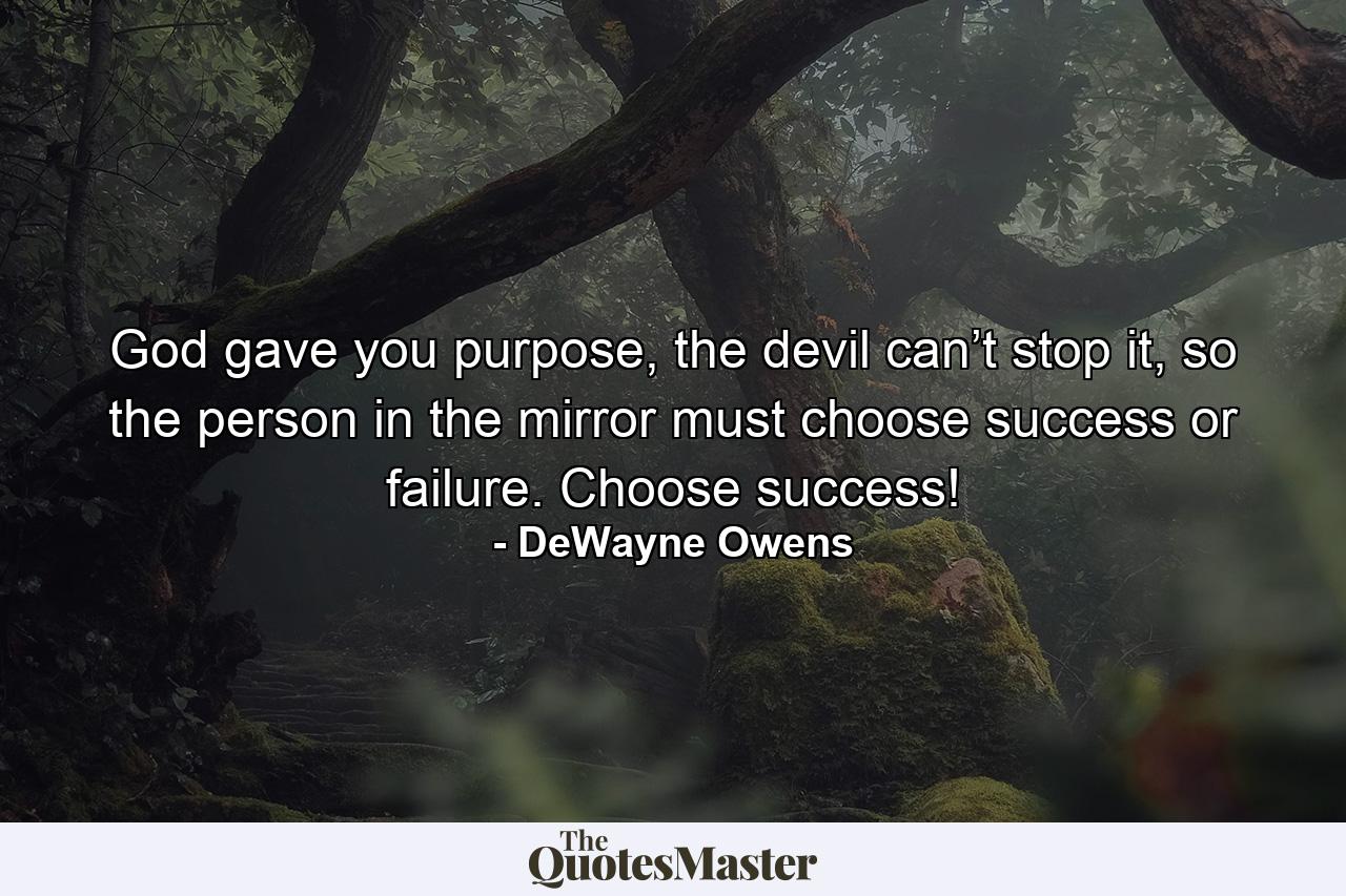 God gave you purpose, the devil can’t stop it, so the person in the mirror must choose success or failure. Choose success! - Quote by DeWayne Owens