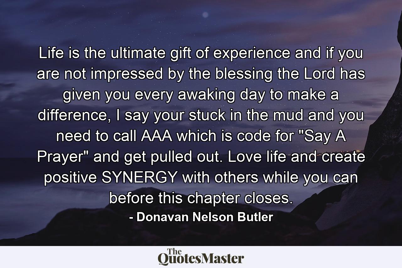 Life is the ultimate gift of experience and if you are not impressed by the blessing the Lord has given you every awaking day to make a difference, I say your stuck in the mud and you need to call AAA which is code for 