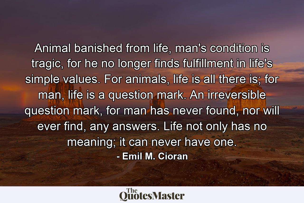 Animal banished from life, man's condition is tragic, for he no longer finds fulfillment in life's simple values. For animals, life is all there is; for man, life is a question mark. An irreversible question mark, for man has never found, nor will ever find, any answers. Life not only has no meaning; it can never have one. - Quote by Emil M. Cioran