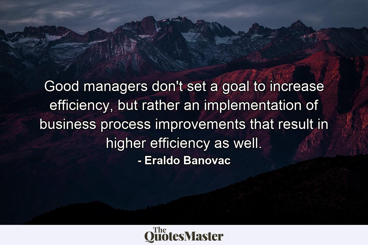 Good managers don't set a goal to increase efficiency, but rather an implementation of business process improvements that result in higher efficiency as well. - Quote by Eraldo Banovac