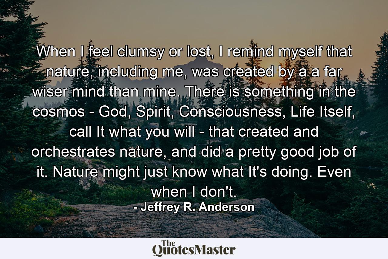 When I feel clumsy or lost, I remind myself that nature, including me, was created by a a far wiser mind than mine. There is something in the cosmos - God, Spirit, Consciousness, Life Itself, call It what you will - that created and orchestrates nature, and did a pretty good job of it. Nature might just know what It's doing. Even when I don't. - Quote by Jeffrey R. Anderson