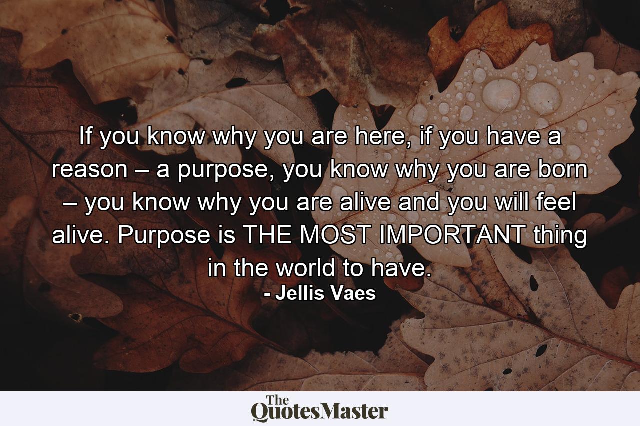 If you know why you are here, if you have a reason – a purpose, you know why you are born – you know why you are alive and you will feel alive. Purpose is THE MOST IMPORTANT thing in the world to have. - Quote by Jellis Vaes